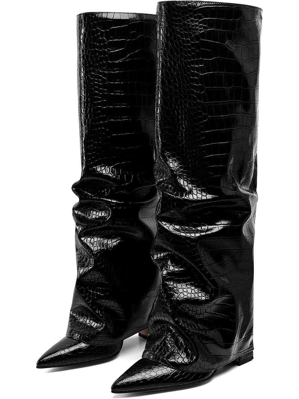 Women's Croc Black Fold Over Wide Calf Chunky Block Heel Shark Knee High Boots